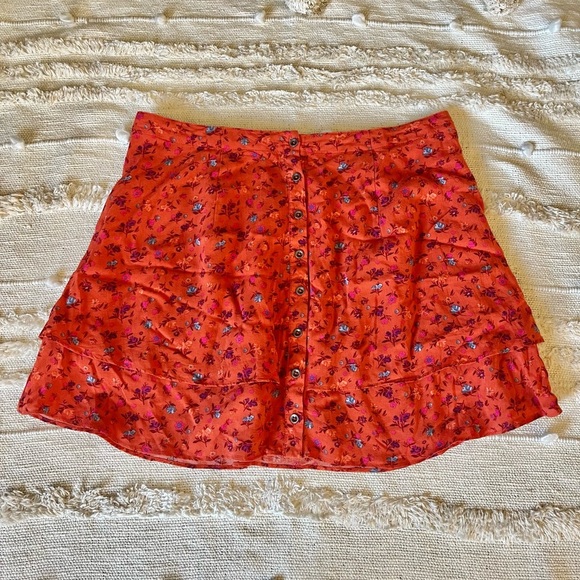 Free People Floral Button-Down Tiered Orange Skirt size small - Picture 1 of 9